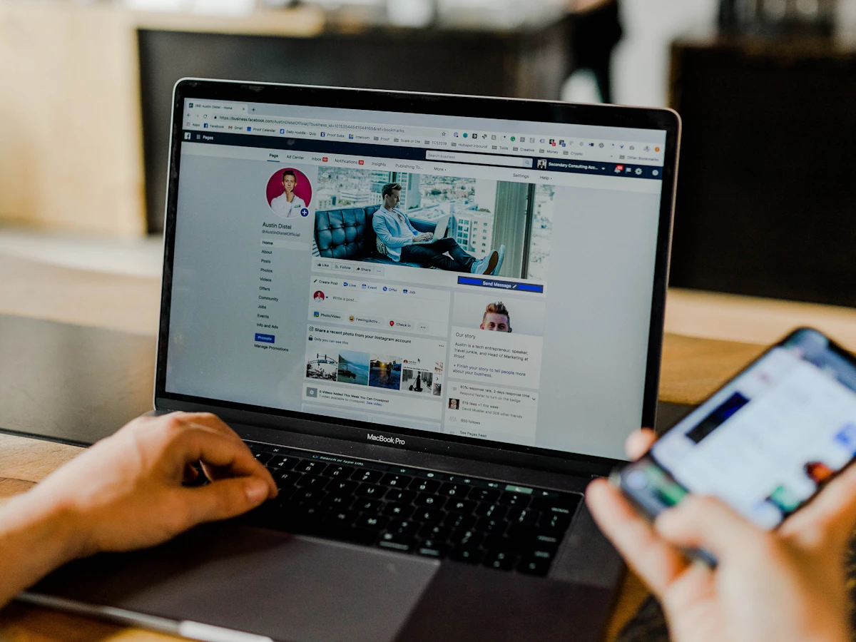 Social media marketing on laptop and phone